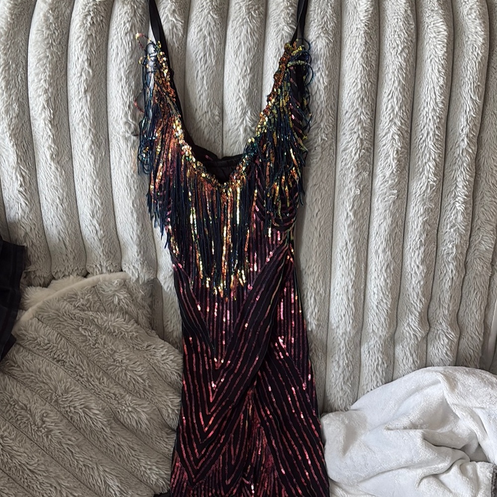 Sequin Fringe Dress - Black and Gold